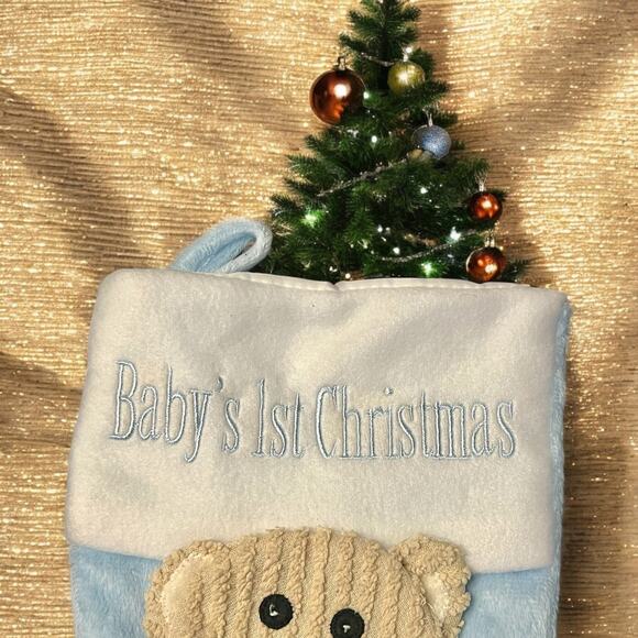 Baby's 1st Christmas Stocking-Blue Teddy Bear-Soft Plush-Corduroy Gingham Bear - Picture 3 of 6